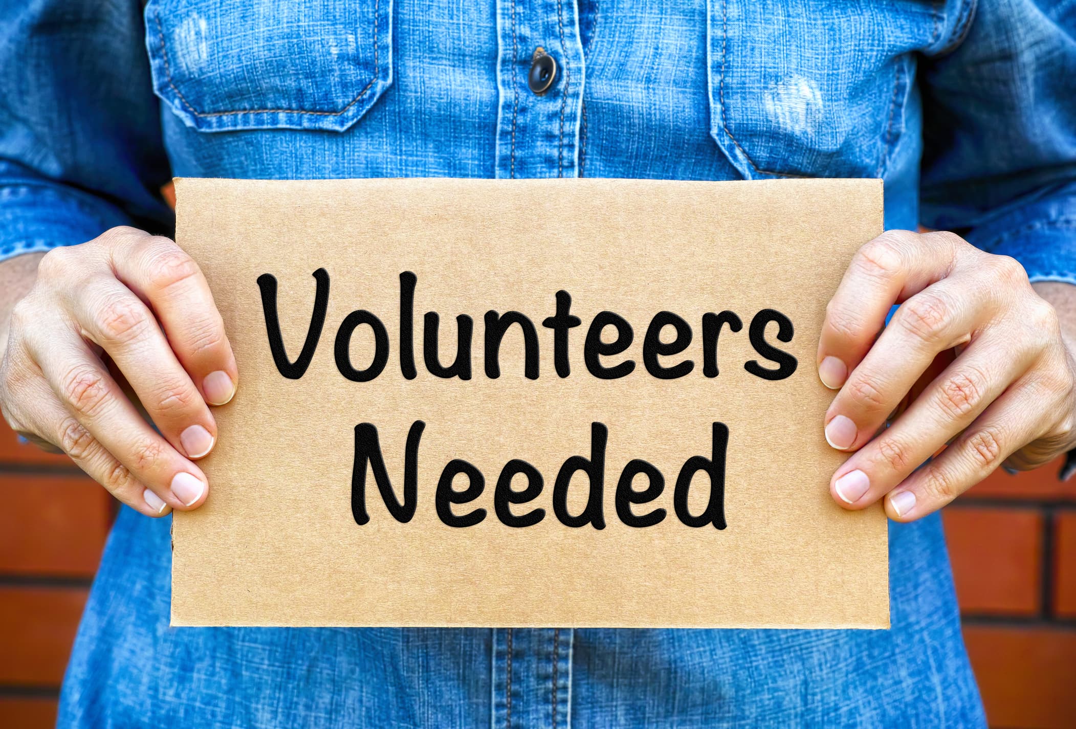 Woman hands holding piece of cardboard with words Volunteers Needed against brick wall background.