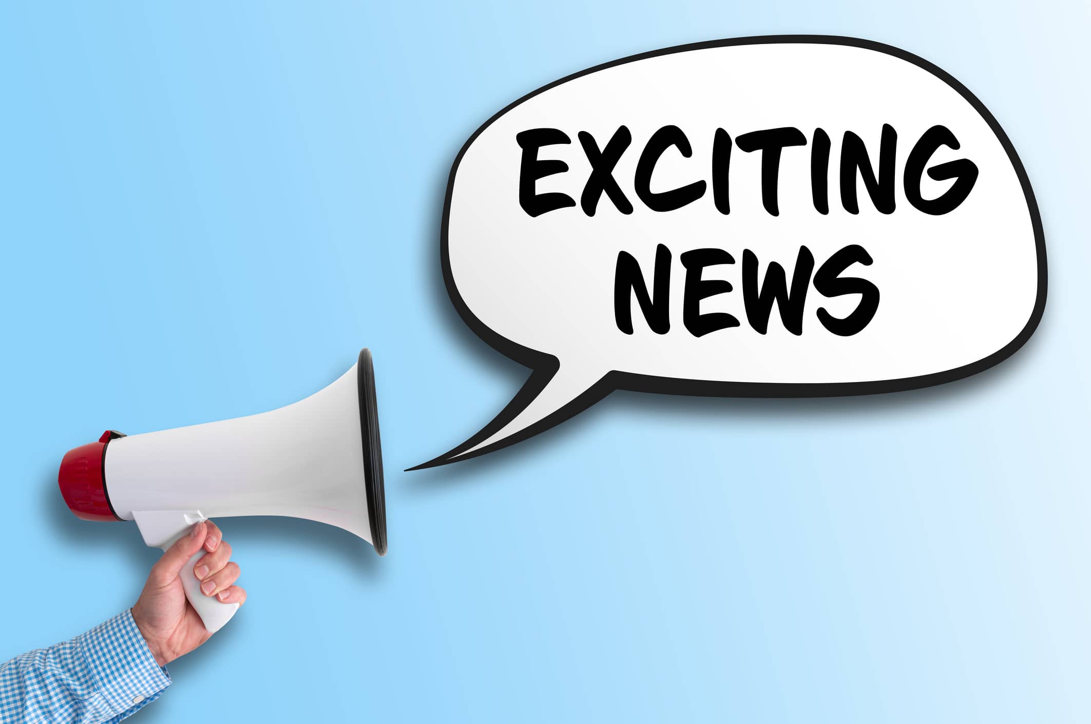 hand holding megaphone and speech bubble with text EXCITING NEWS against light blue background