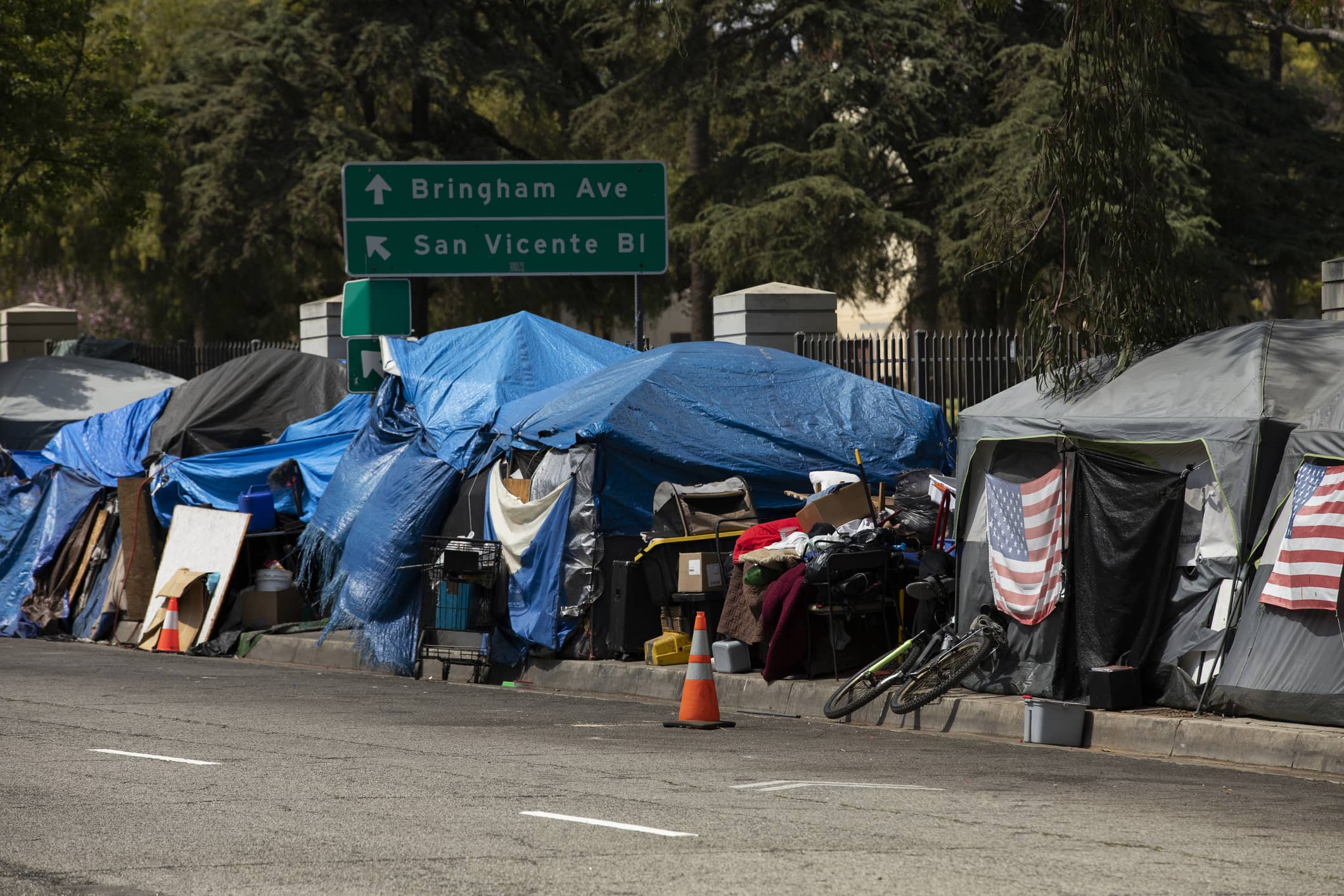 A homeless encampment sits on a street in Downtown Los Angeles, California, USA.